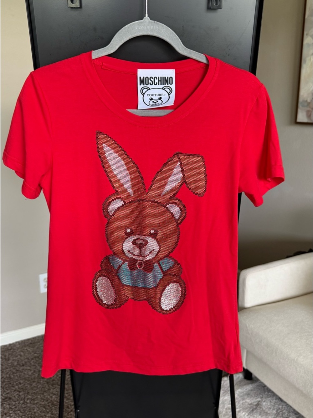 Moschino Red T-Shirt with Crystal Teddy Bunny Motif